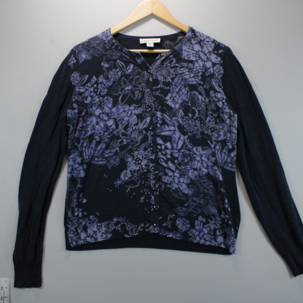 Coldwater Creek Navy Purple Floral Rayon Cardigan Sweater Womens M 10-12